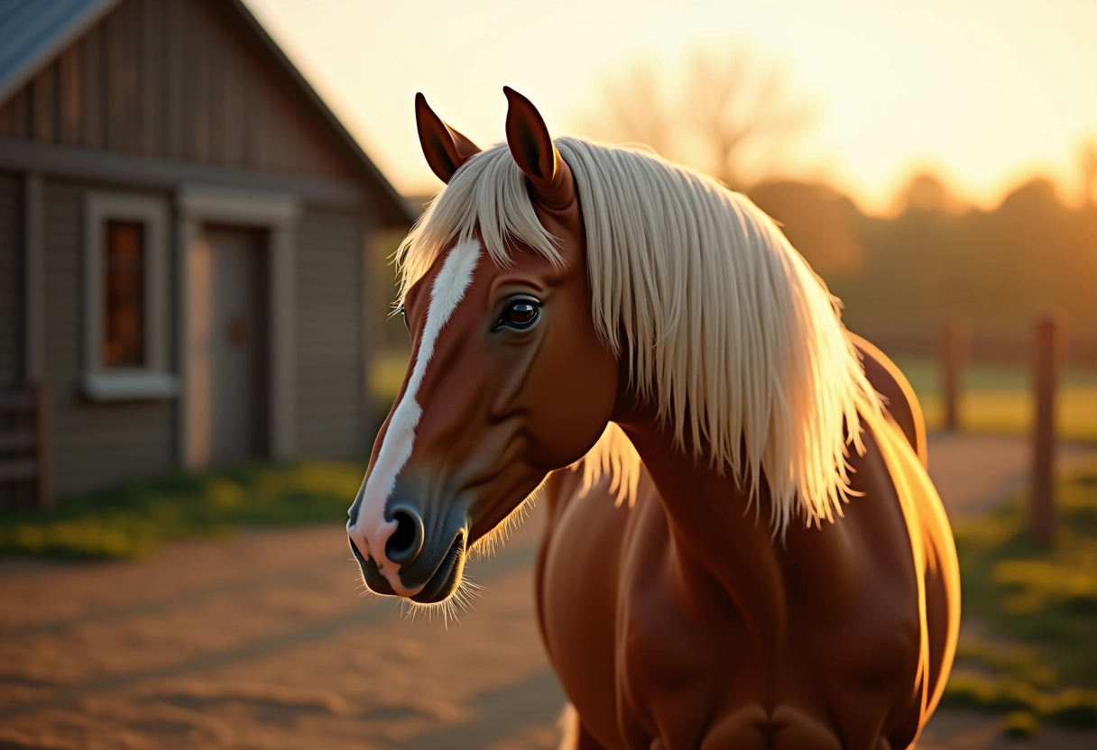 Cheval curieux broutant dans une ferme rustique