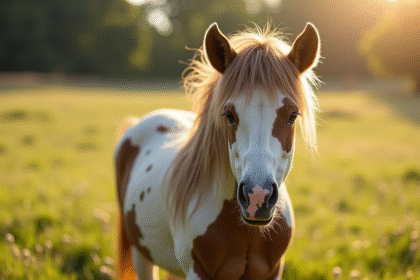 Cheval au visage atypique dans un pré ensoleillé