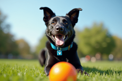 Chien joyeux noir jouant avec une balle orange dans un parc ensoleille