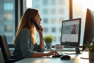 Jeune femme professionnelle au bureau regardant un site gouvernemental