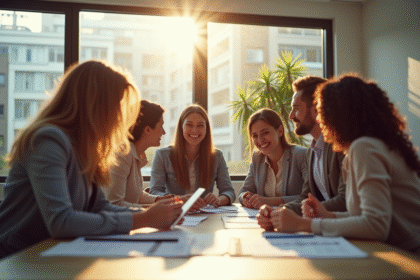 Groupe de collègues divers dans un bureau moderne souriants
