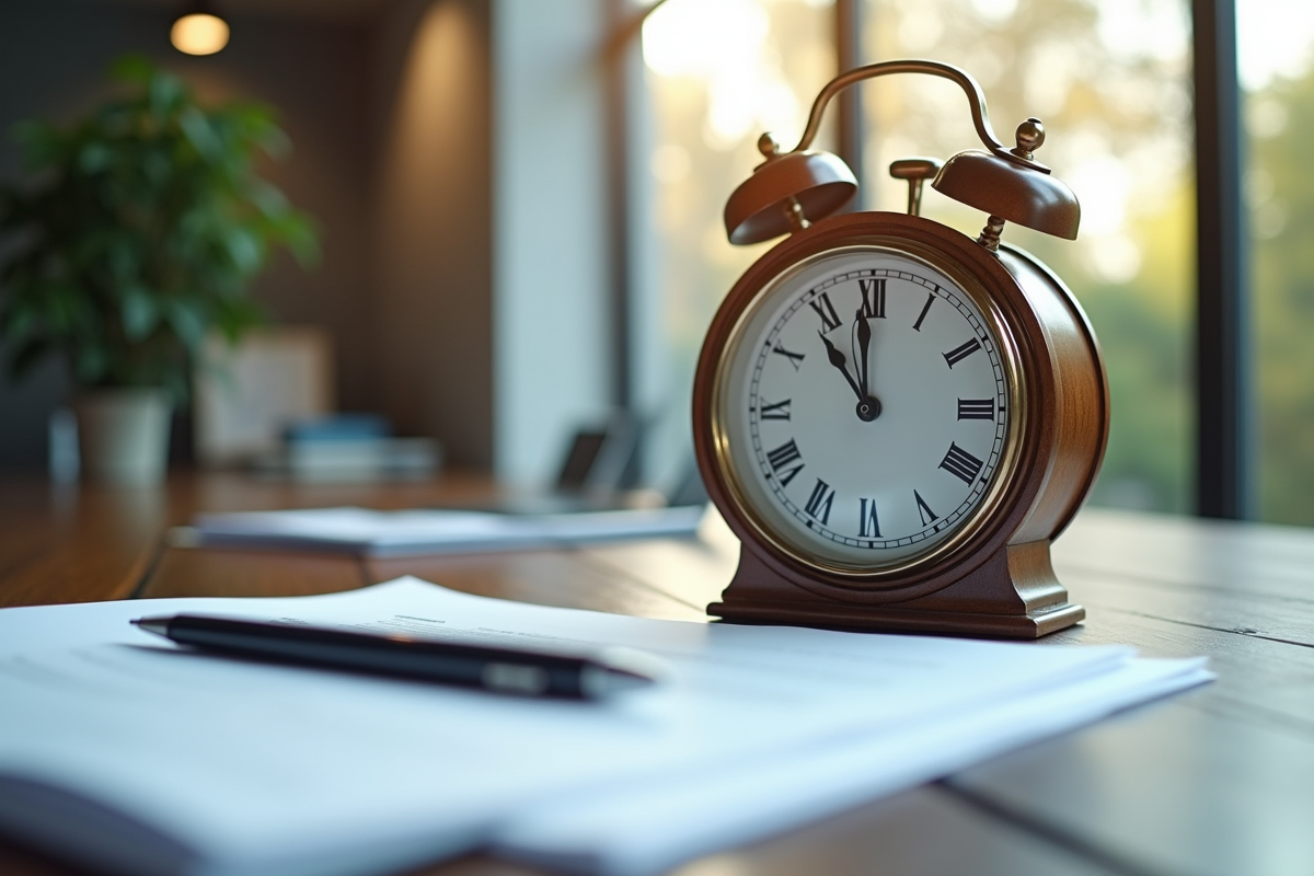 Horloge ancienne et papiers officiels sur un bureau moderne