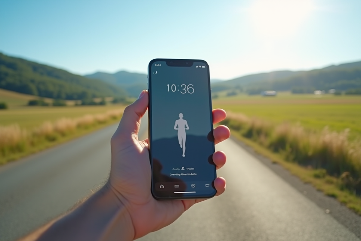 Main tenant un smartphone avec une application de marche en campagne
