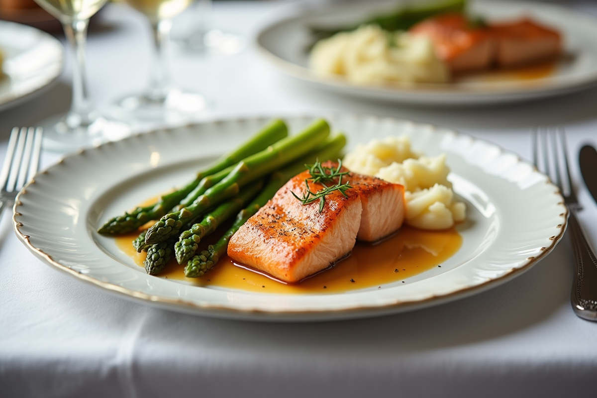 Assiette de saumon grillé avec purée et asperges