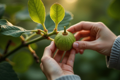 Mains prenant une figue sur une branche saine de figuier