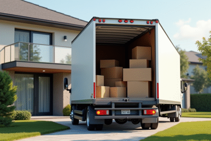 Camion de déménagement devant une maison moderne