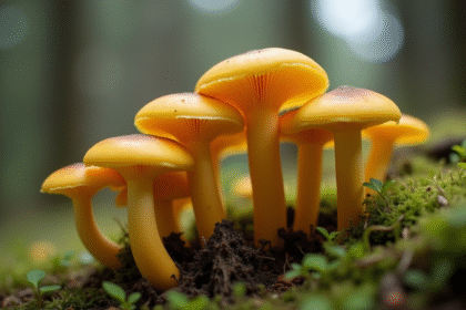 Groupe de chanterelles jaunes sur sol forestier