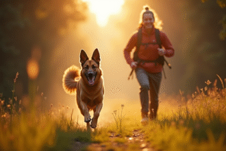 Chien Laekenois courant dans la forêt ensoleillée avec un randonneur