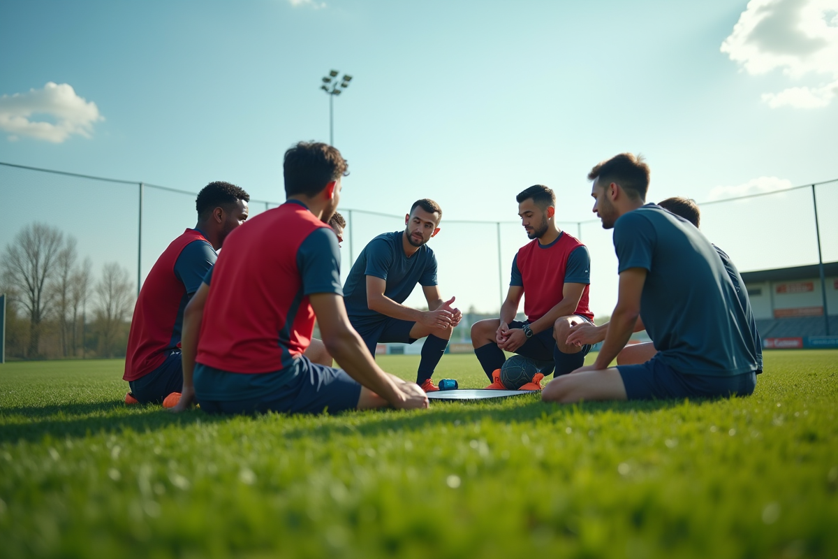 entraineur du RC Lens strategisant avec ses joueurs sur le terrain