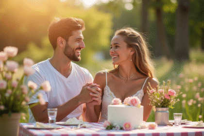 Jeune couple riant lors d'un pique-nique en plein air avec gâteau et fleurs