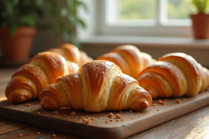 Croissants au beurre dorés sur une table en bois rustique