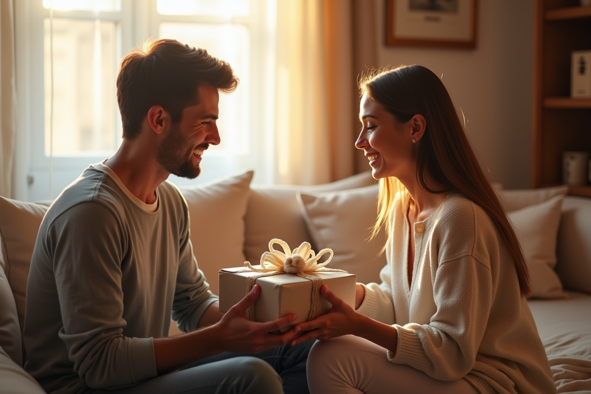Couple échangeant des cadeaux en coton dans un salon chaleureux
