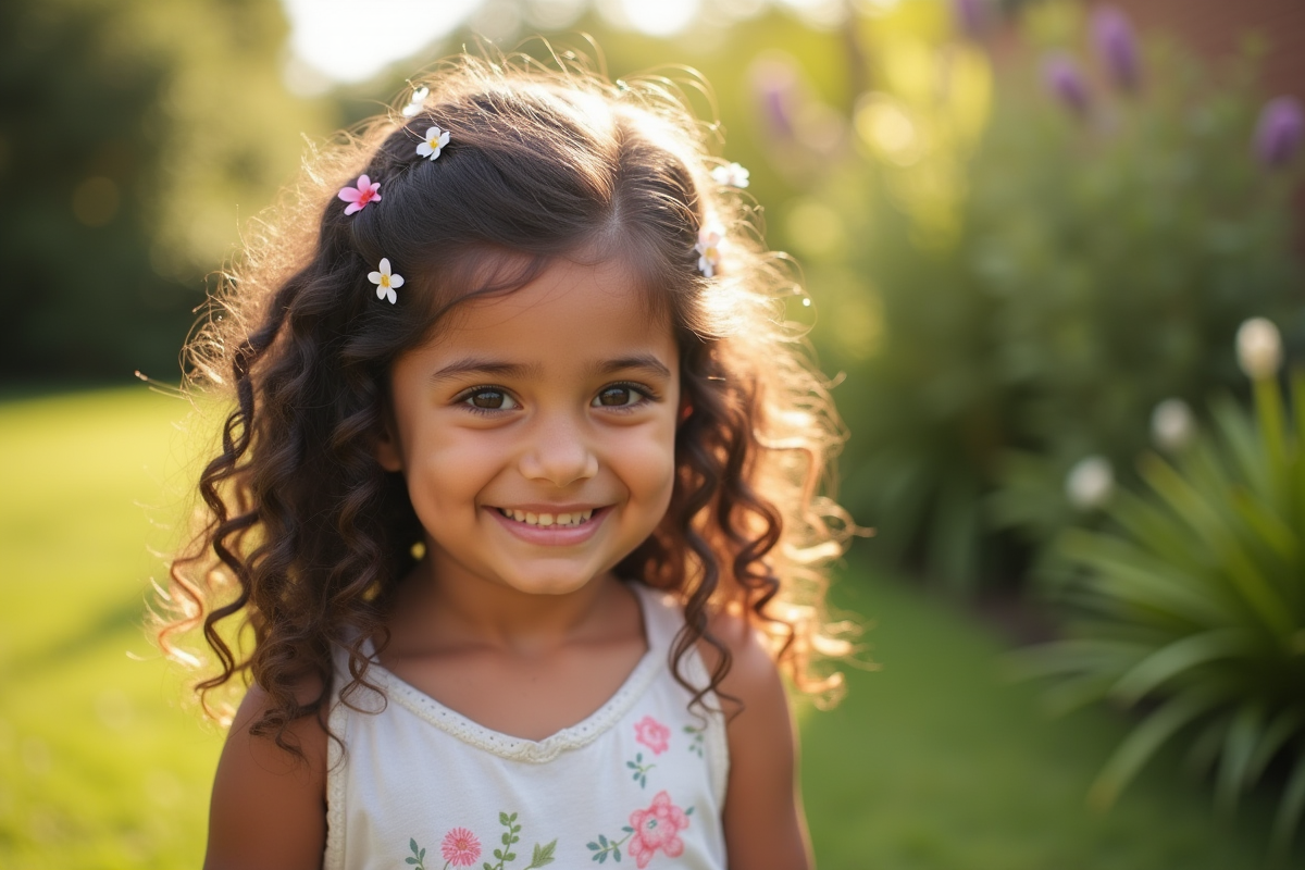 Fille aux cheveux bouclés et fleurs dans un jardin ensoleille