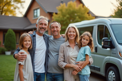 Famille multigenerations souriante devant un minibus argenté