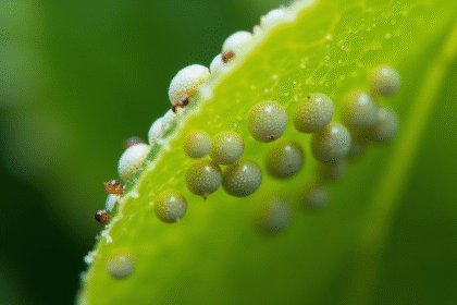 Feuille de limonier avec petites chenilles blanches et résidu collant