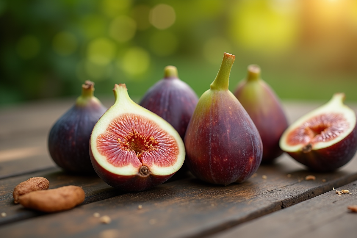 Plusieurs figues fraîches disposées sur une table en bois