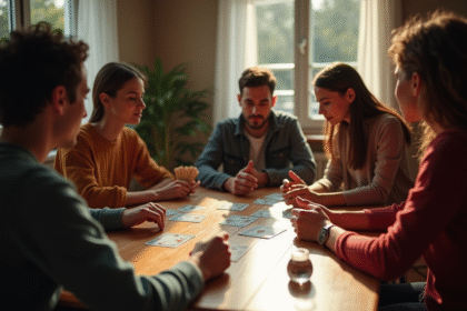 Groupe d'amis jouant à la crapette avec des cartes de tarot dans une ambiance chaleureuse