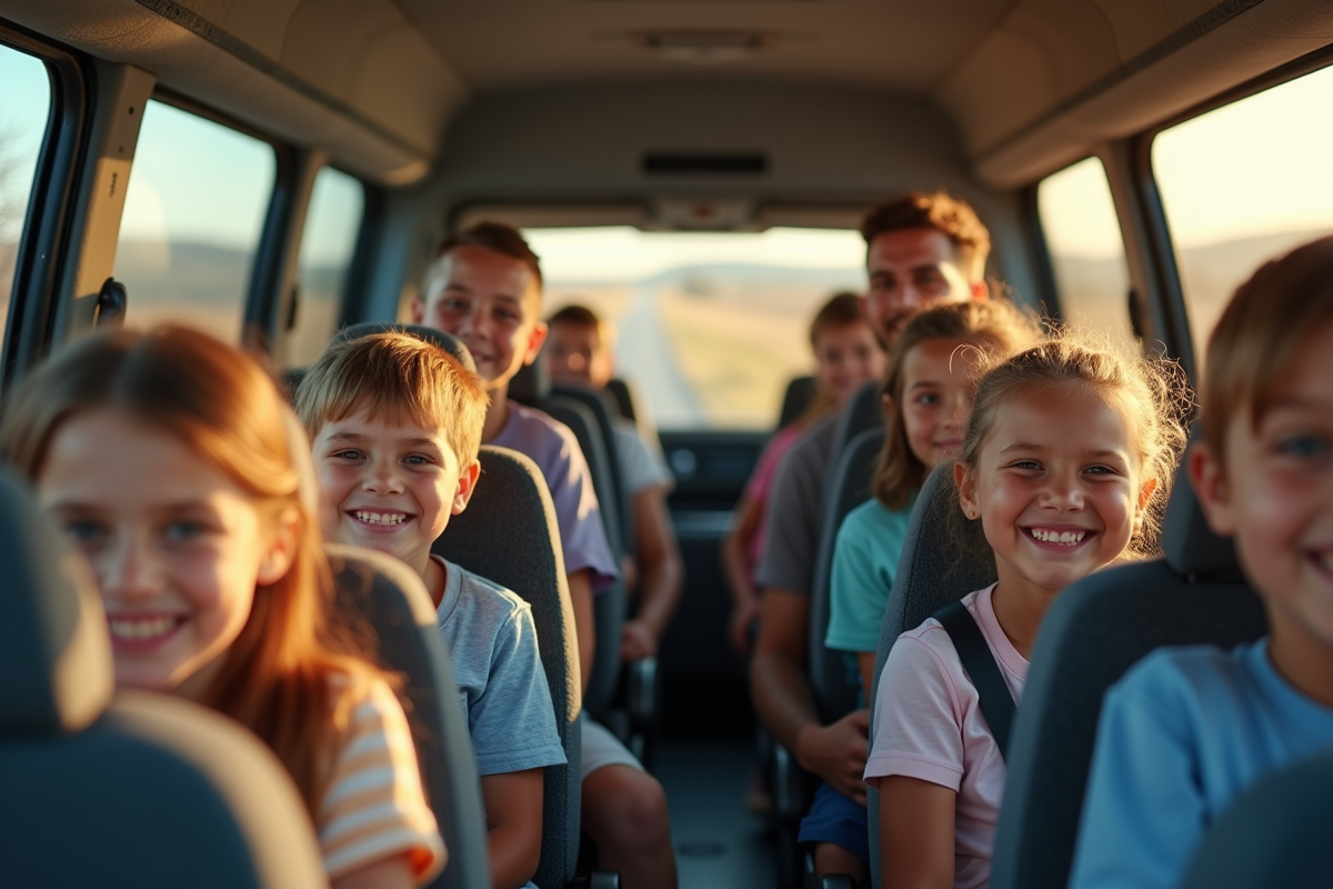 Intérieur spacieux d un minibus avec enfants et parents souriants