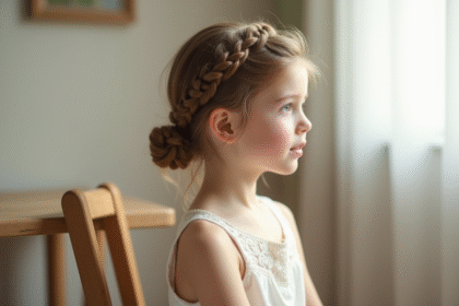 Jeune fille aux cheveux tressés en couronne avec robe blanche