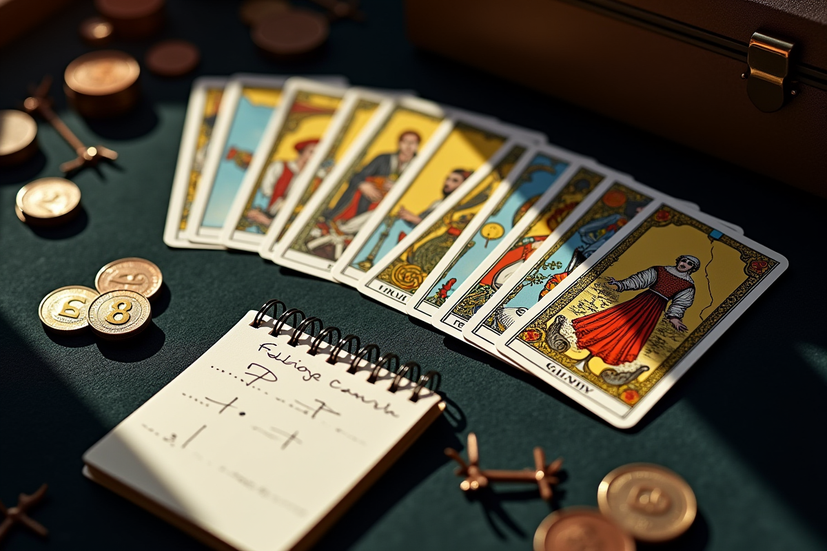 Main de tarot étalée sur une table avec pièces et carnet en lumière naturelle