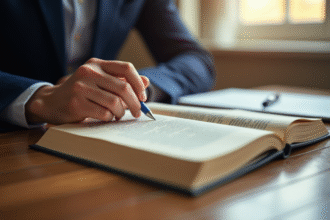 Main tournant des pages d'un code légal sur un bureau lumineux