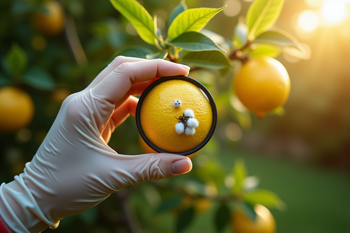 Main tenant une loupe sur un citron avec insectes blancs