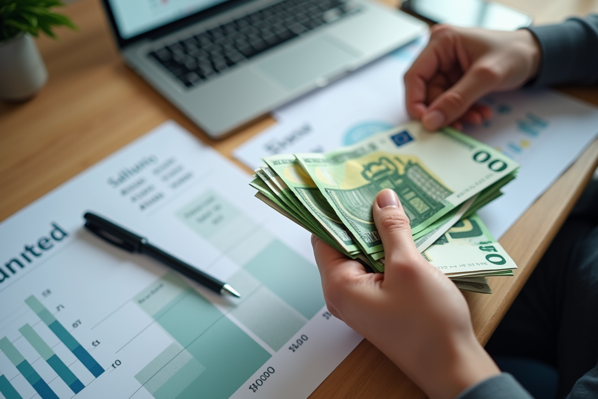 Mains tenant des billets et un tableau de salaire