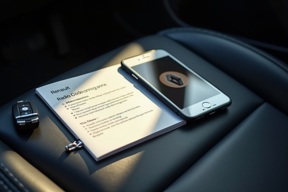 Manuel Renault ouvert avec clé et smartphone affichant instructions code