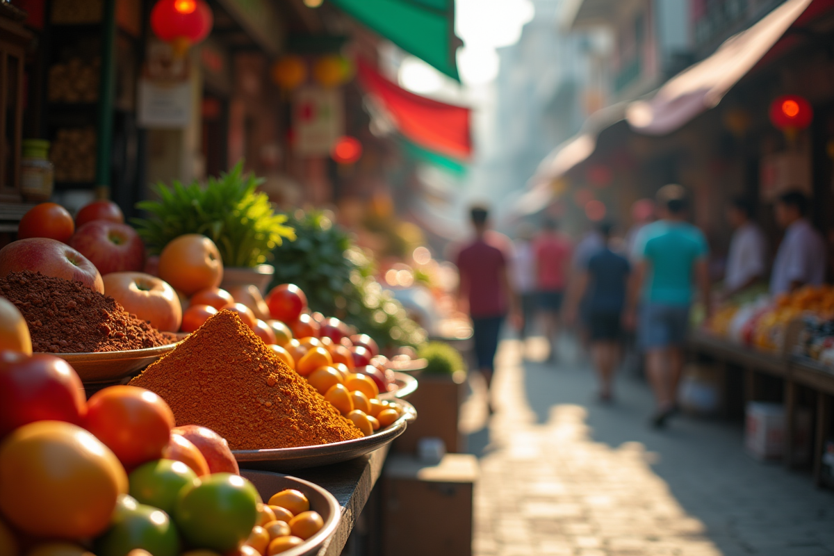 Marché asiatique animé avec fruits et épices en premier plan