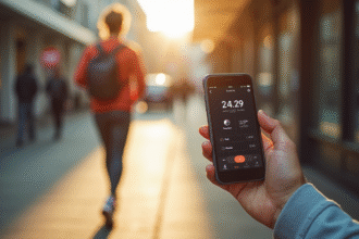 Personne marchant avec application fitness sur smartphone