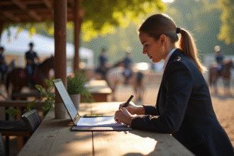 Officiel equestre vérifiant documents lors d'un concours