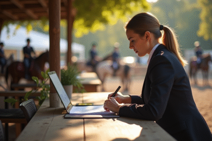 Officiel equestre vérifiant documents lors d'un concours