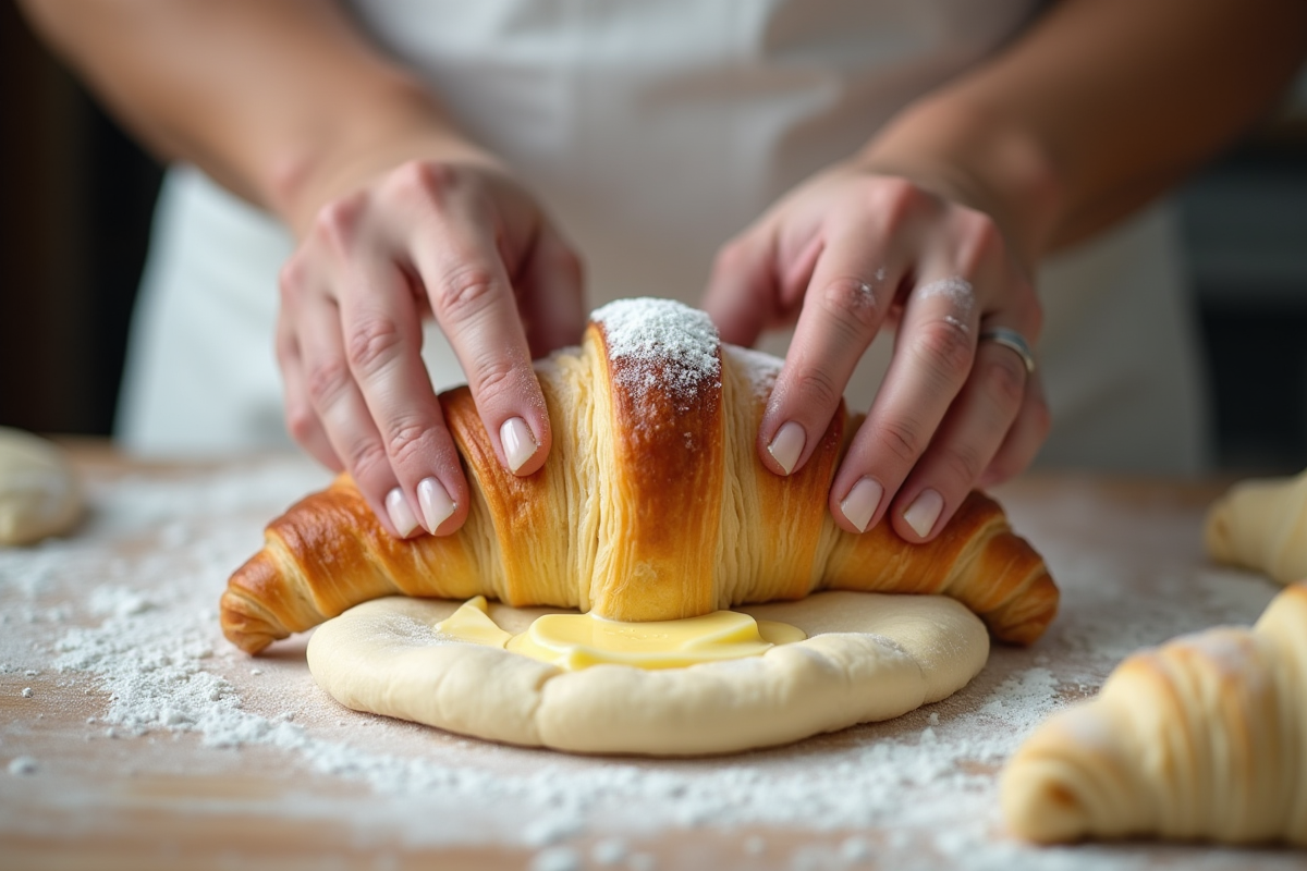 Mains d’un boulanger pliant la pâte à croissants avec précision