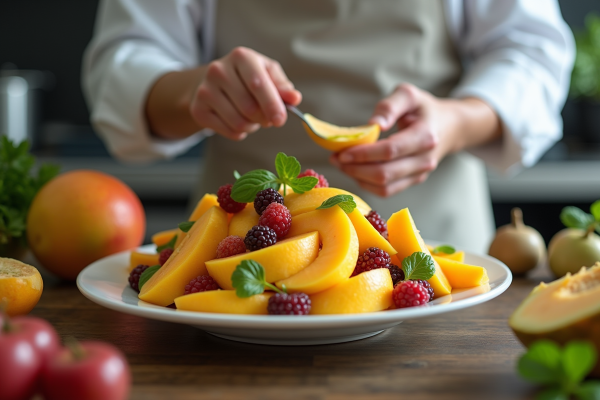 Chef préparant une salade avec mangue et mûres dans la cuisine