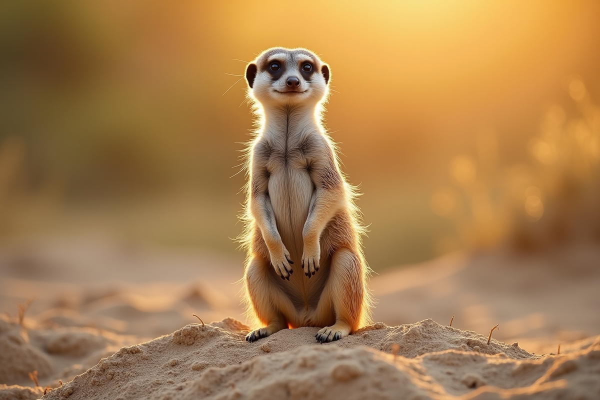 Suricate debout sur un monticule au matin avec lumière dorée