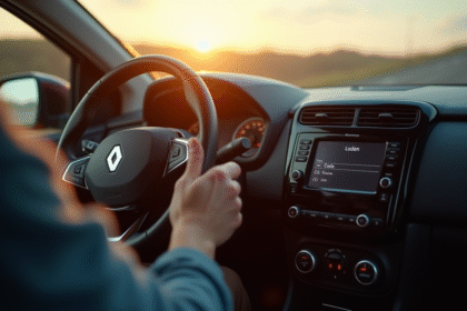 Tableau de bord Renault avec main saisissant le code radio en plein jour