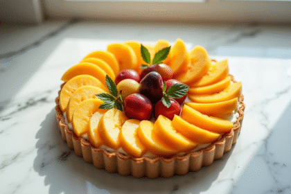 Tarte aux fruits décorée de mangue melon et mirabelle vue de dessus