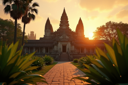 Temple asiatique ancien au lever du soleil avec lumière dorée