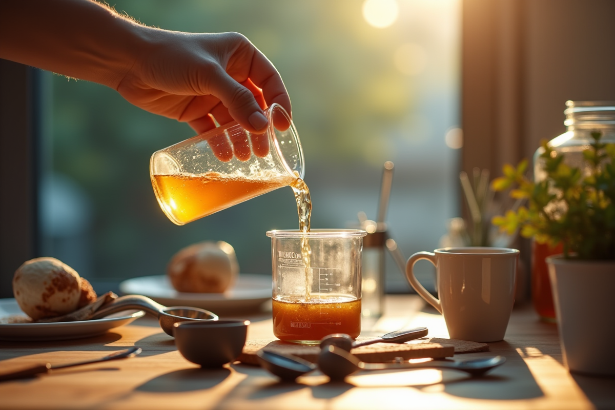 Main versant un liquide dans une cuillere en metal sur table en bois
