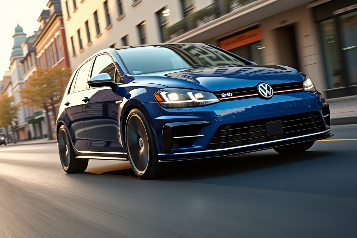 Volkswagen Golf 8R en mouvement en ville en fin d
