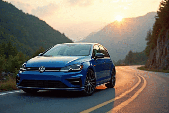 Voiture Volkswagen Golf 8R sur route de montagne au lever du soleil