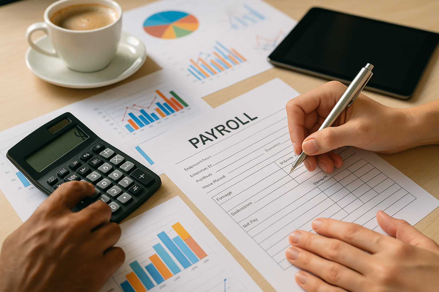 Deux mains utilisant une calculatrice avec graphiques et formulaires
