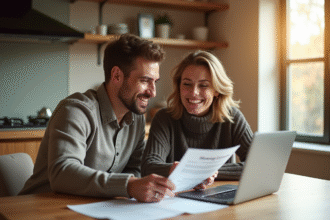 Jeune couple souriant avec documents immobilier et ordinateur