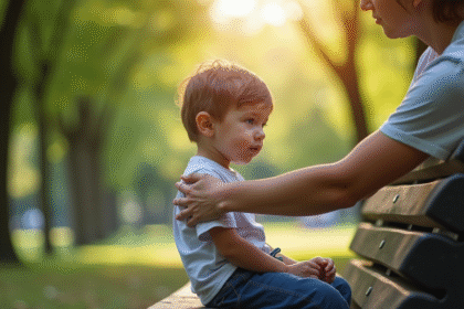 Jeune enfant assis sur un banc dans un parc avec lumière douce