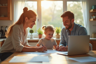 Famille souriante à la cuisine discutant de documents