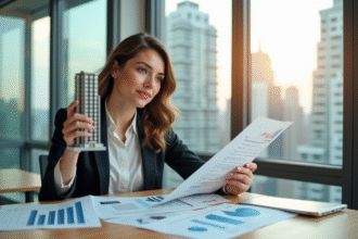 Femme d'affaires confiante analysant documents financiers