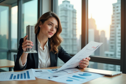 Femme d'affaires confiante analysant documents financiers