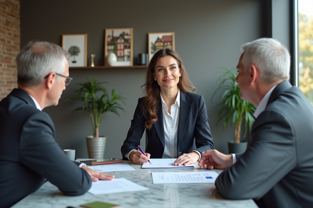 Jeune femme conseillant un couple sur la fiscalité immobilière