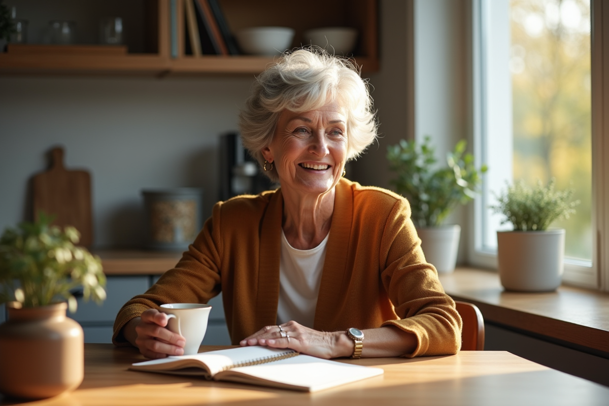 Femme mature assise dans une cuisine moderne avec tasse de thé