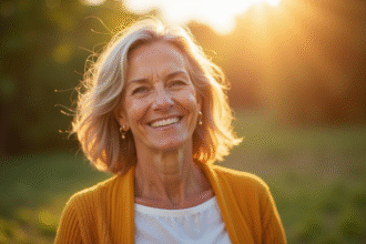 Femme d'âge moyen souriante en extérieur sous le soleil